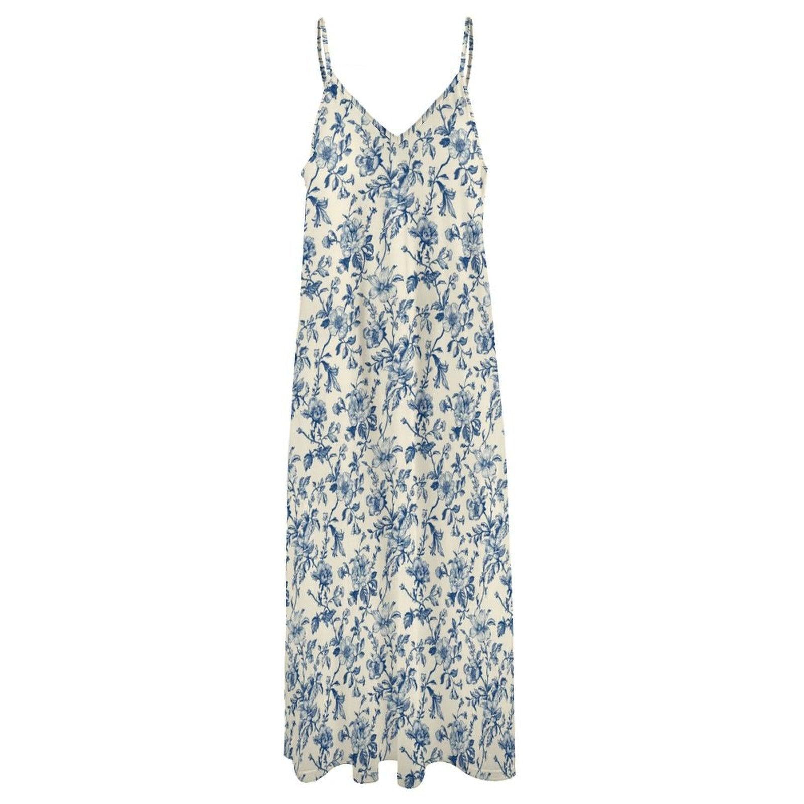 Blue White Chinoiserie Maxi Dress, Coastal Grandmother Floral Sundress, Summer Weddings