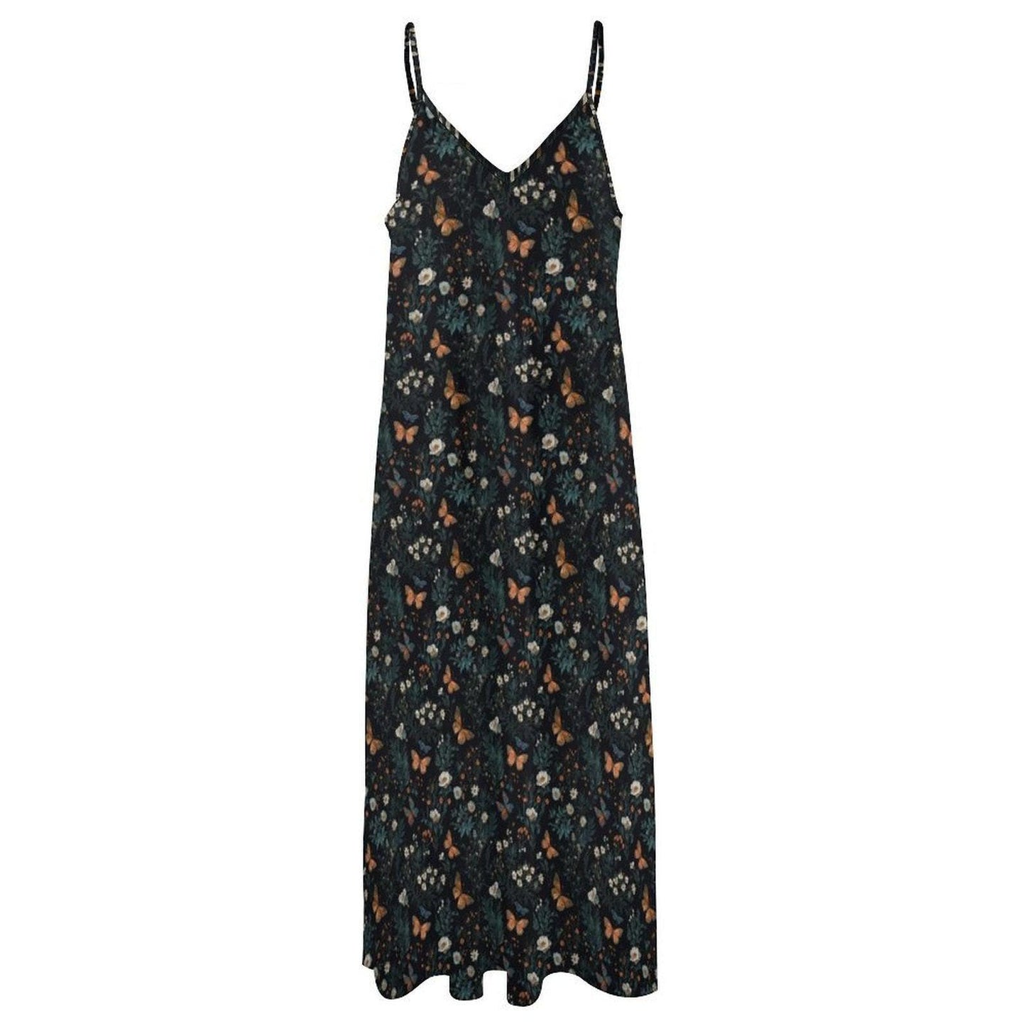 Dark Floral Butterfly Maxi Dress, Forestcore Whimsigoth Sundress, Botanical Cami