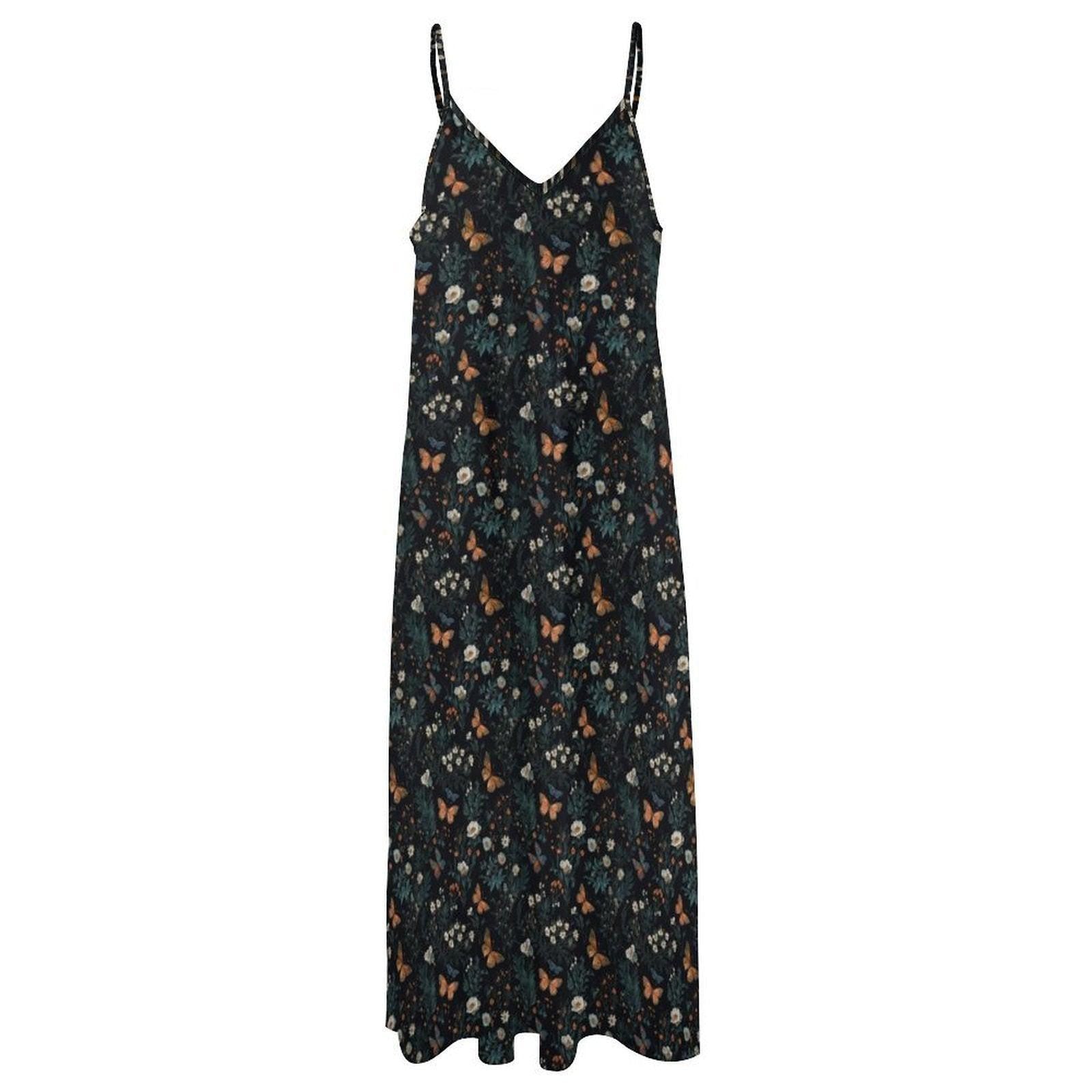 Dark Floral Butterfly Maxi Dress, Forestcore Whimsigoth Sundress, Botanical Cami