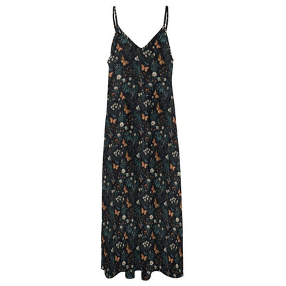 Dark Floral Butterfly Maxi Dress, Forestcore Whimsigoth Sundress, Botanical Cami