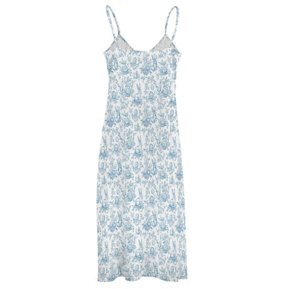 Blue Toile Bunny Print Maxi Dress, Grandmillennial Easter Sundress