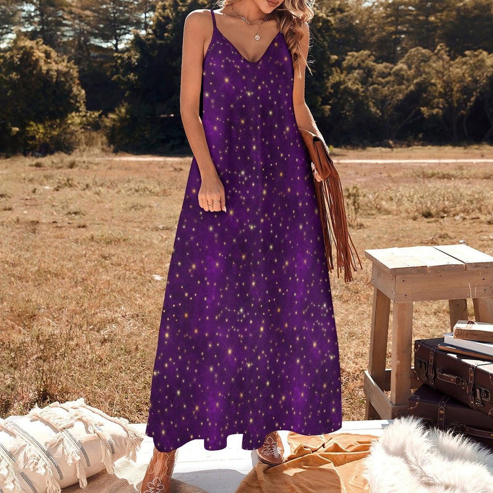 Purple Galaxy Maxi Dress, Starry Night Print Slip Sundress, Celestial V Neck Summer Nights