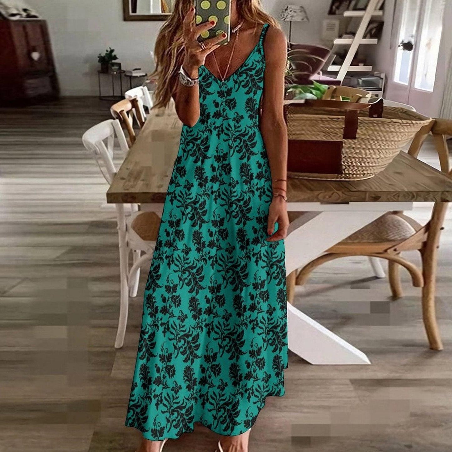 Teal Floral Maxi Dress, Black Damask Print, Spaghetti Strap Sundress, Gothic Style