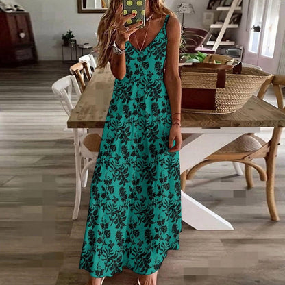 Teal Floral Maxi Dress, Black Damask Print, Spaghetti Strap Sundress, Gothic Style