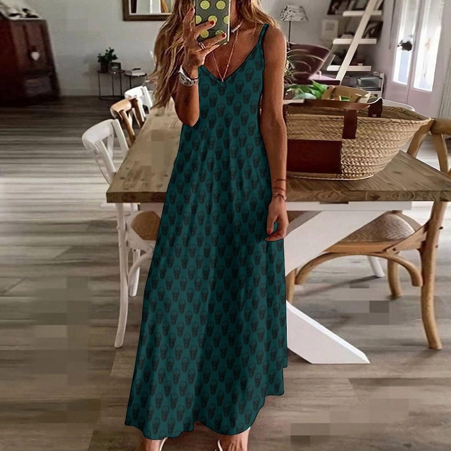 Emerald Green Skull Print Maxi Dress, Flowy V-Neck Cami Sundress