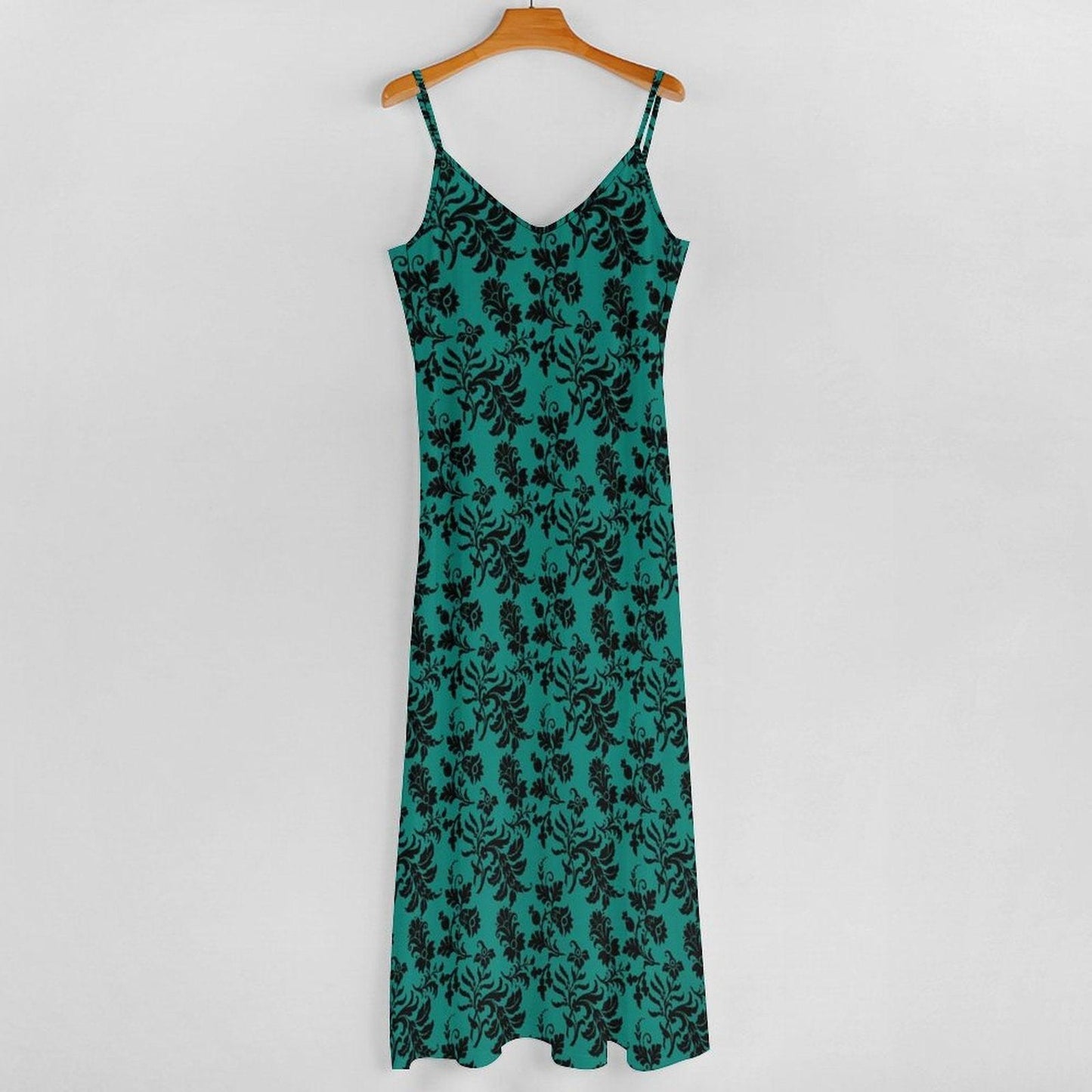 Teal Floral Maxi Dress, Black Damask Print, Spaghetti Strap Sundress, Gothic Style