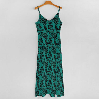 Teal Floral Maxi Dress, Black Damask Print, Spaghetti Strap Sundress, Gothic Style