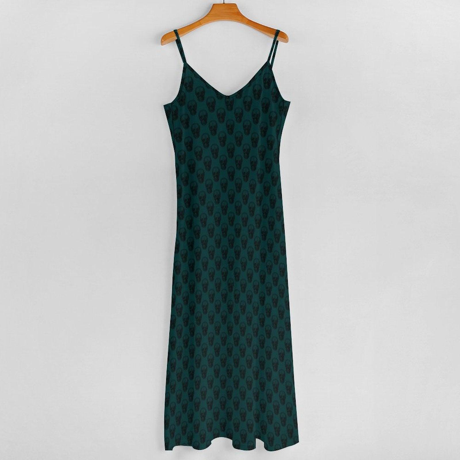 Emerald Green Skull Print Maxi Dress, Flowy V-Neck Cami Sundress