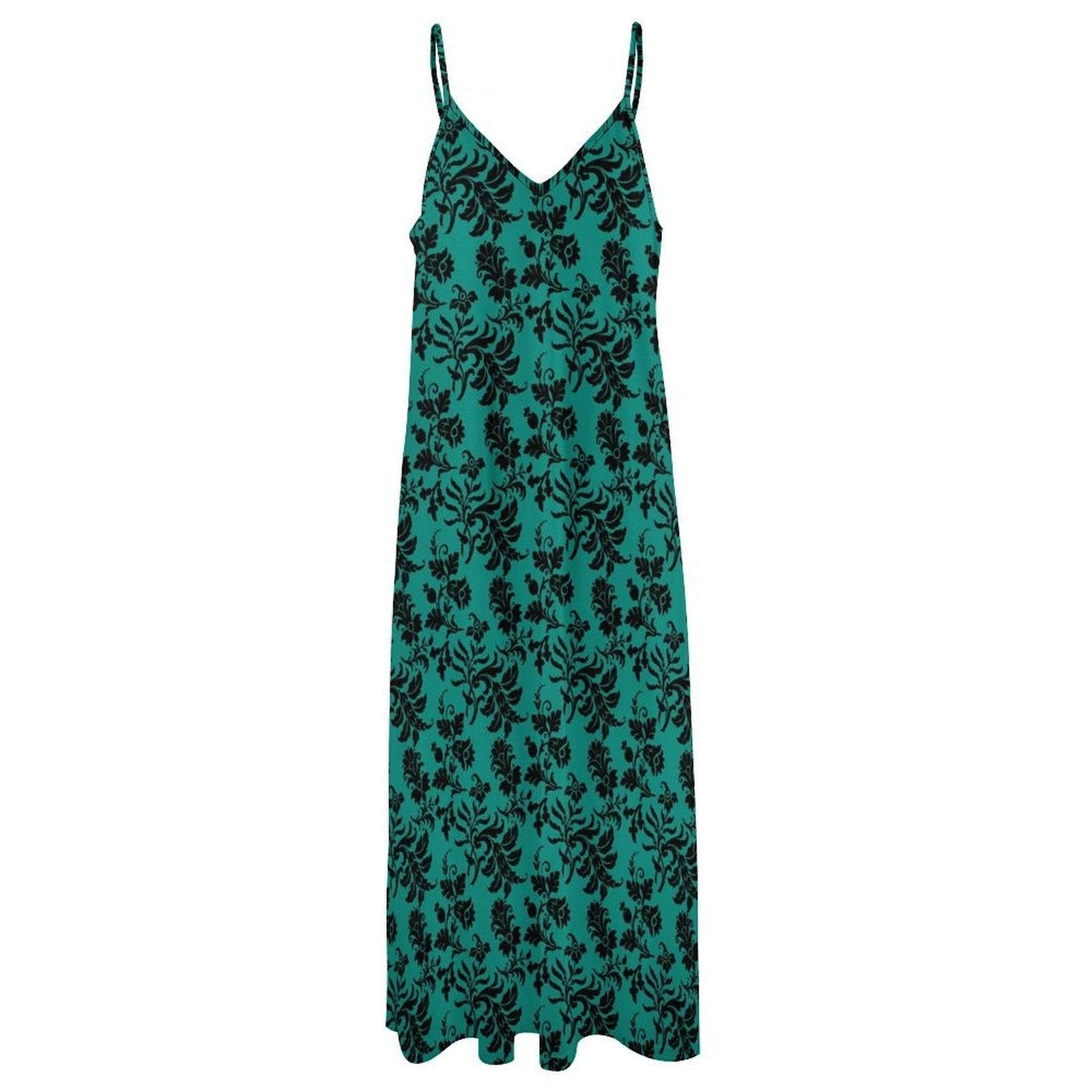 Teal Floral Maxi Dress, Black Damask Print, Spaghetti Strap Sundress, Gothic Style