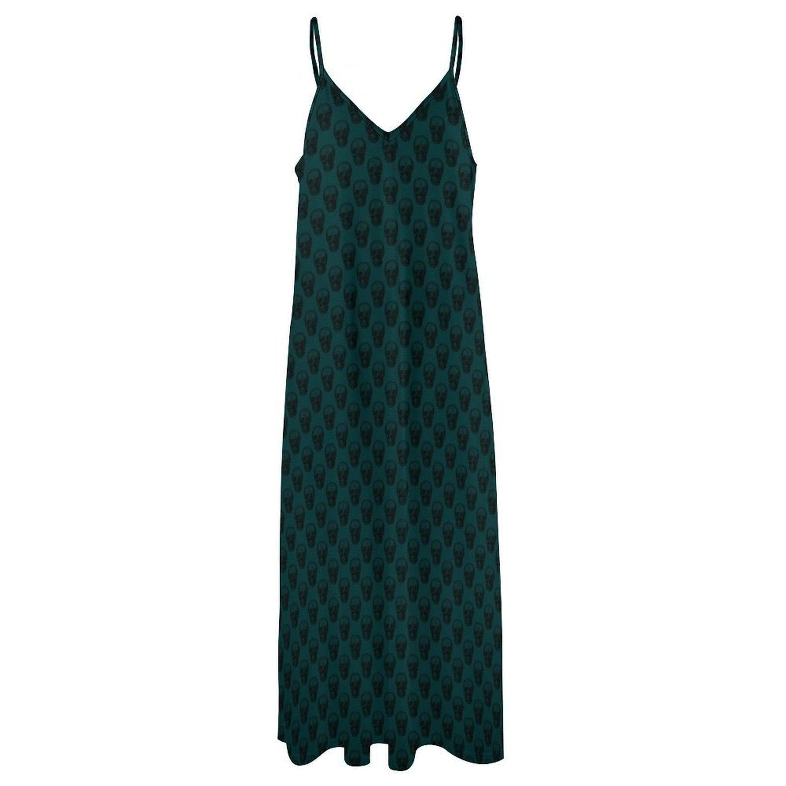 Emerald Green Skull Print Maxi Dress, Flowy V-Neck Cami Sundress