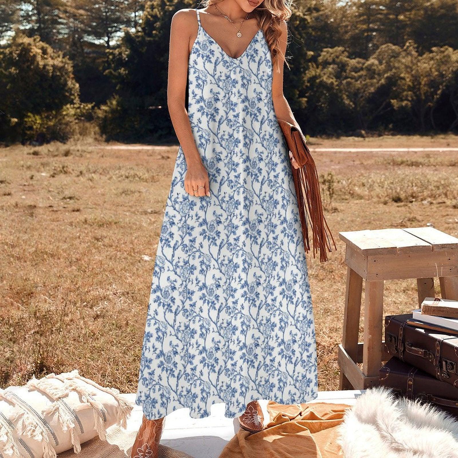 Blue White Toile Maxi Dress, Chinoiserie Floral V Neck Sundress, Coastal Summer Vacation