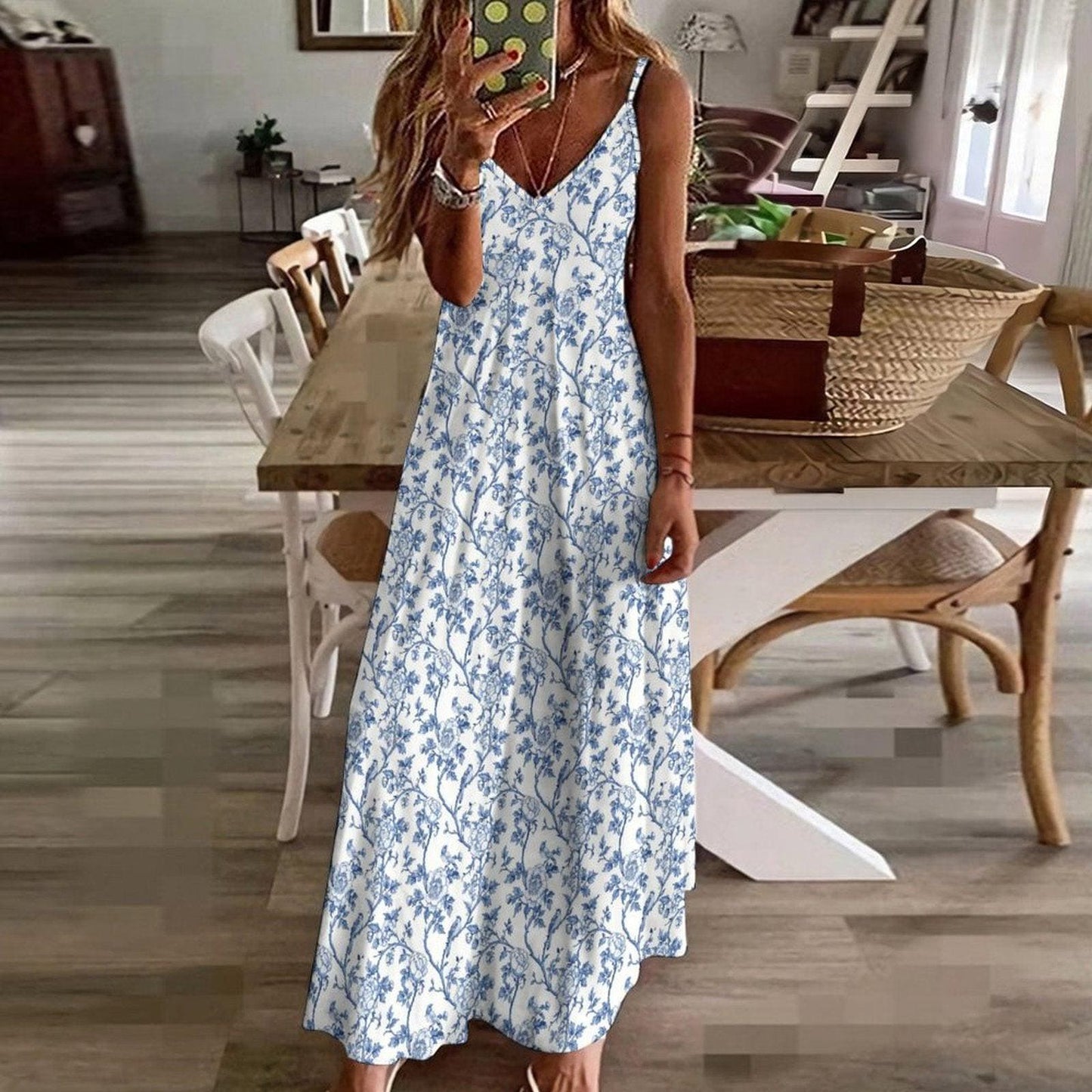 Blue White Toile Maxi Dress, Chinoiserie Floral V Neck Sundress, Coastal Summer Vacation