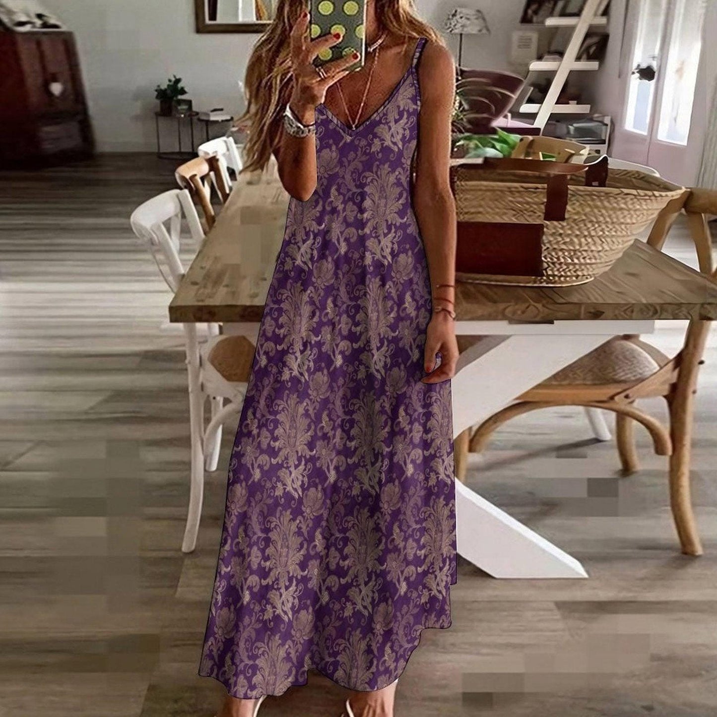 Purple and Taupe Damask Floral Print Maxi Dress with Spaghetti Straps