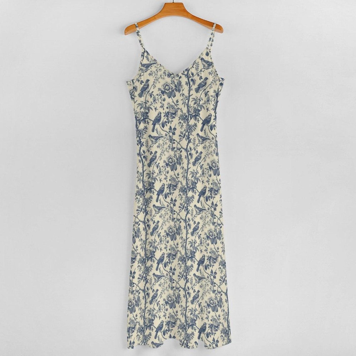 Chinoiserie Maxi Dress, Blue Floral Bird Print Sundress, Grandmillennial Coastal Wedding Guest
