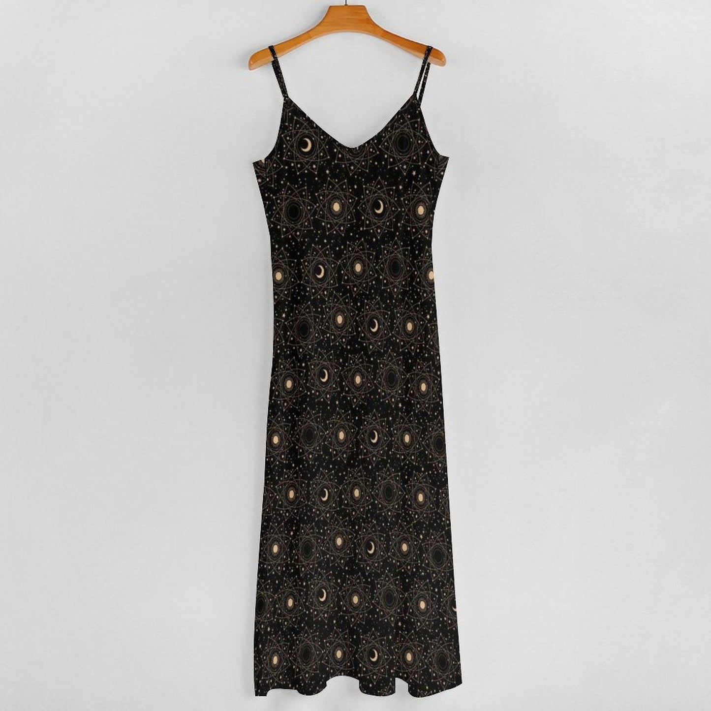 Black Moon and Star Print Maxi Dress with Spaghetti Straps