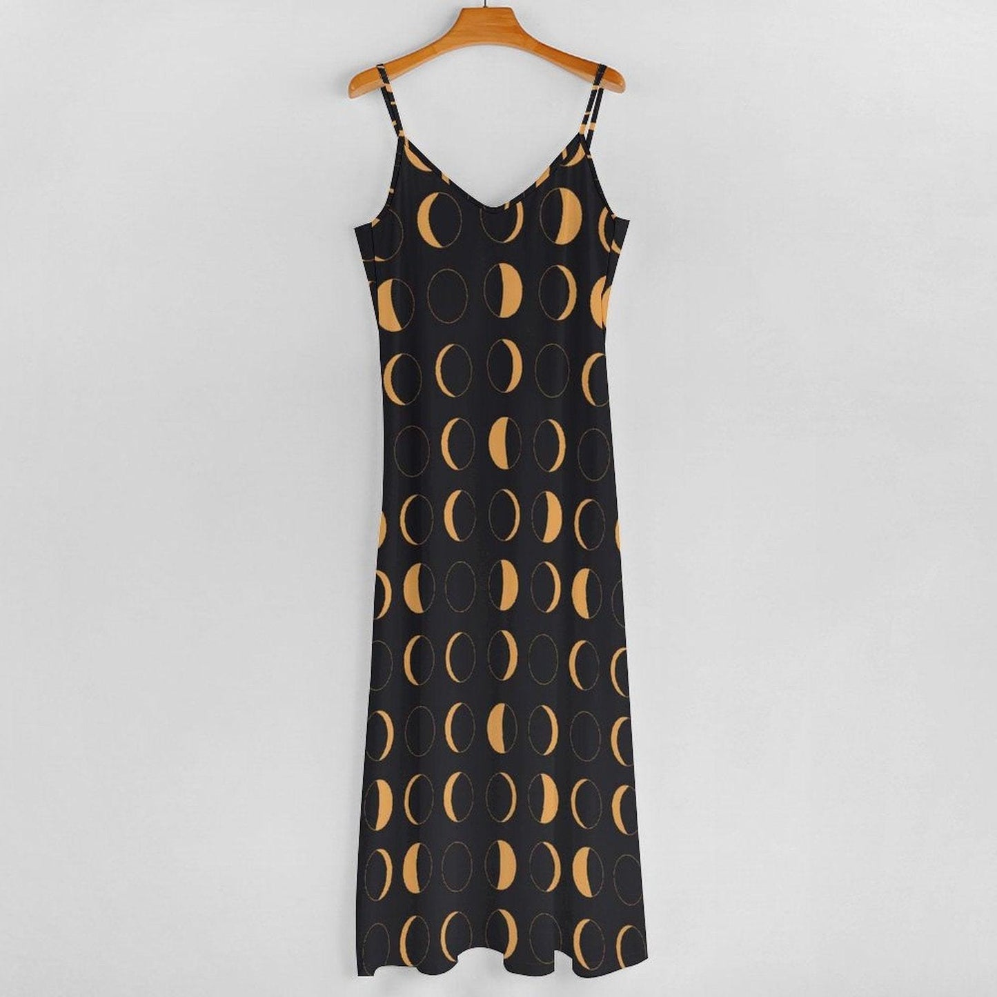 Black and Yellow Moon Phase Print Maxi Dress with Spaghetti Straps