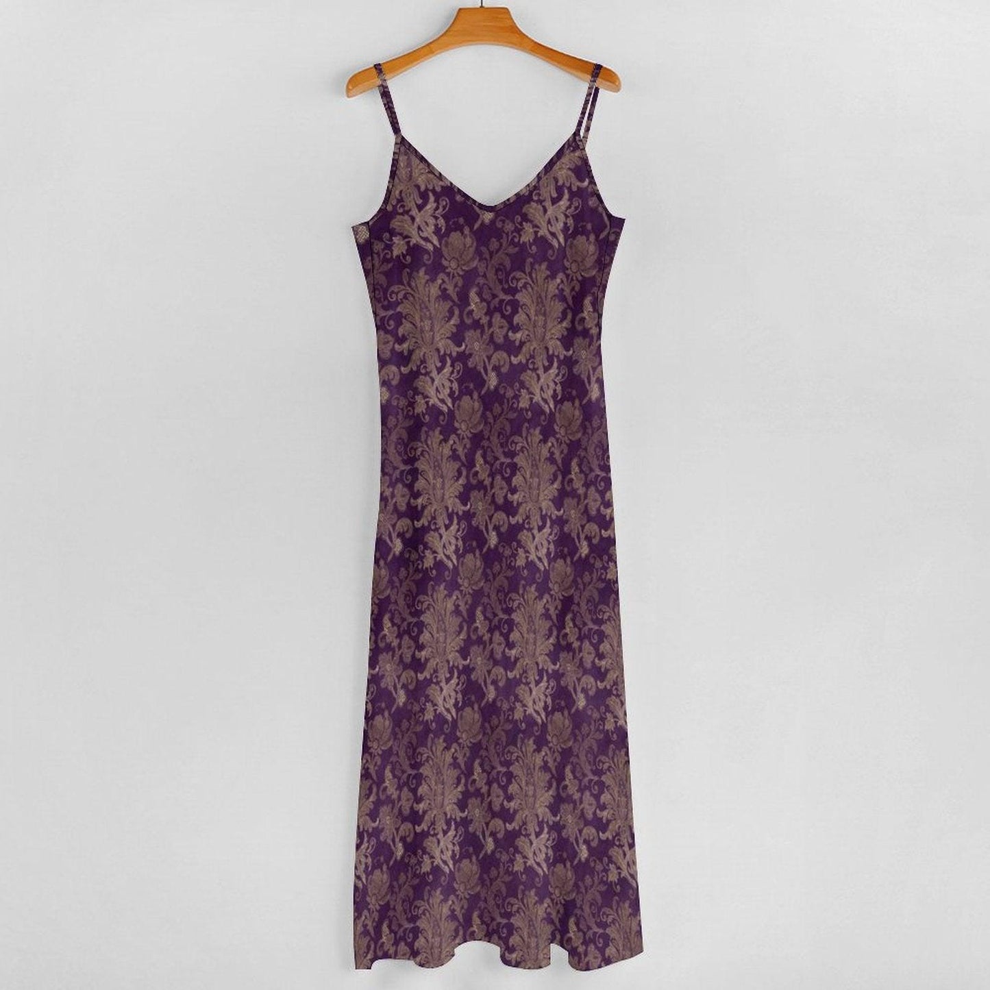 Purple and Taupe Damask Floral Print Maxi Dress with Spaghetti Straps