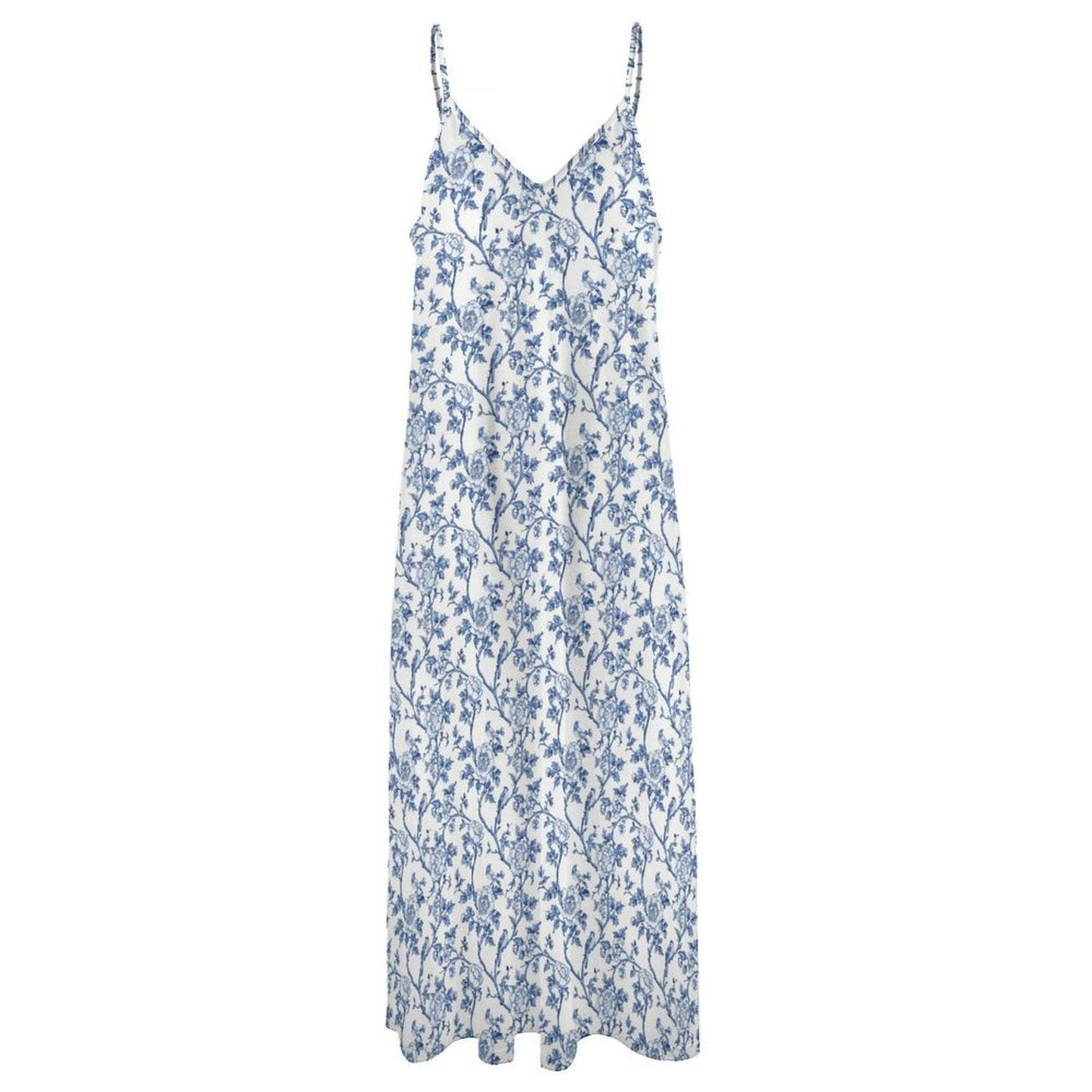 Blue White Toile Maxi Dress, Chinoiserie Floral V Neck Sundress, Coastal Summer Vacation