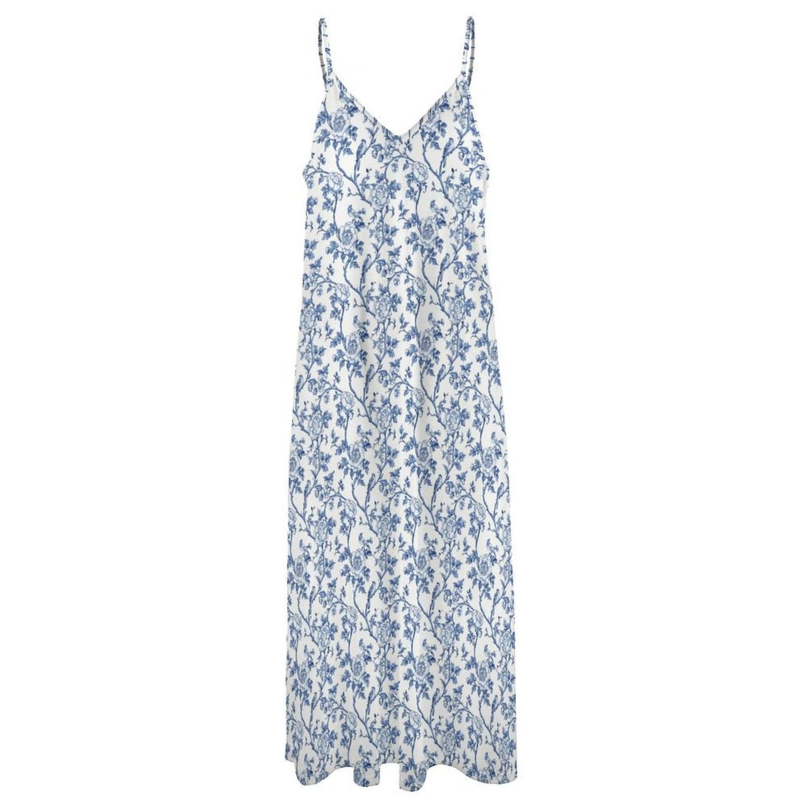 Blue White Toile Maxi Dress, Chinoiserie Floral V Neck Sundress, Coastal Summer Vacation