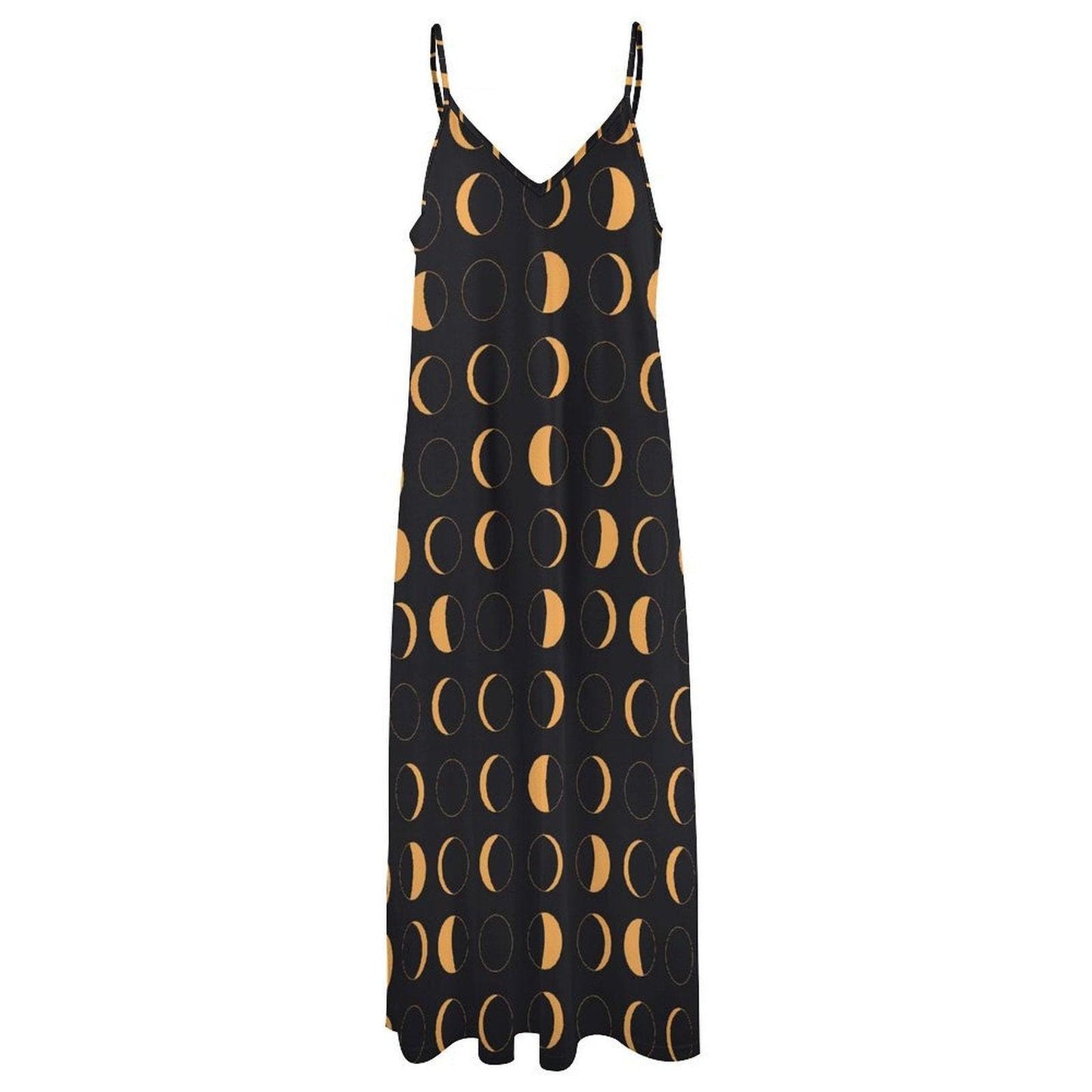Black and Yellow Moon Phase Print Maxi Dress with Spaghetti Straps