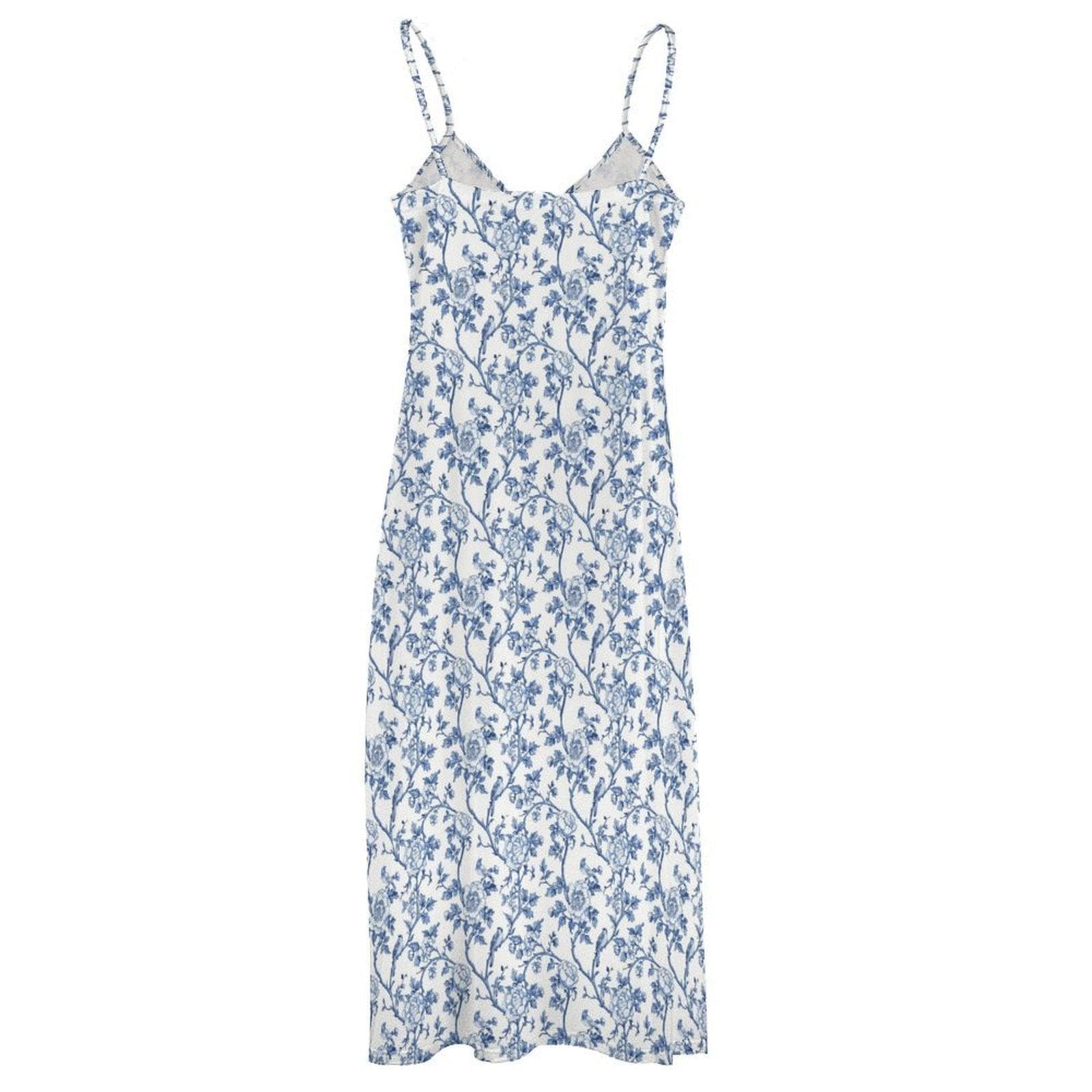 Blue White Toile Maxi Dress, Chinoiserie Floral V Neck Sundress, Coastal Summer Vacation