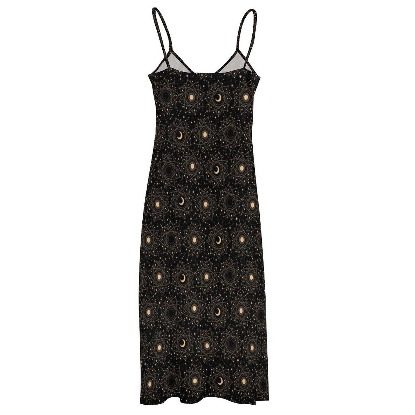 Black Moon and Star Print Maxi Dress with Spaghetti Straps