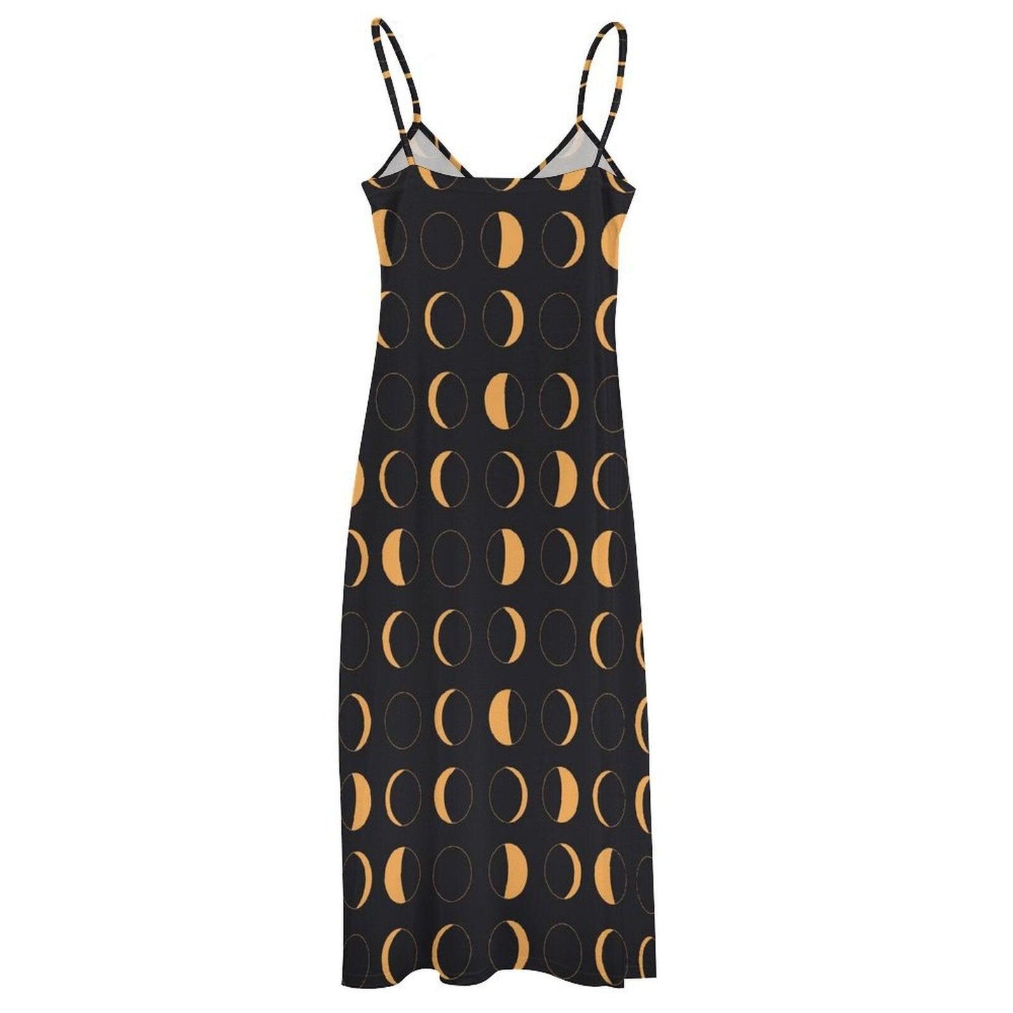 Black and Yellow Moon Phase Print Maxi Dress with Spaghetti Straps