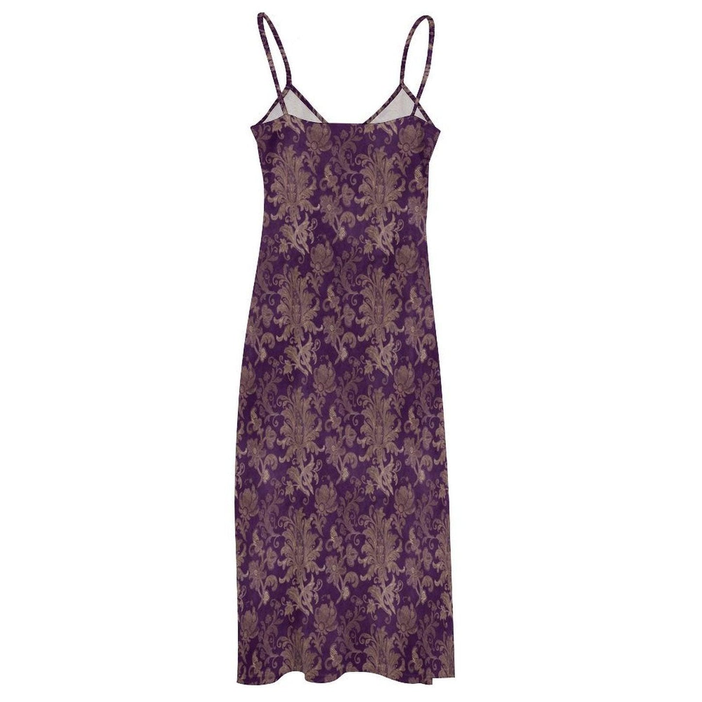 Purple and Taupe Damask Floral Print Maxi Dress with Spaghetti Straps