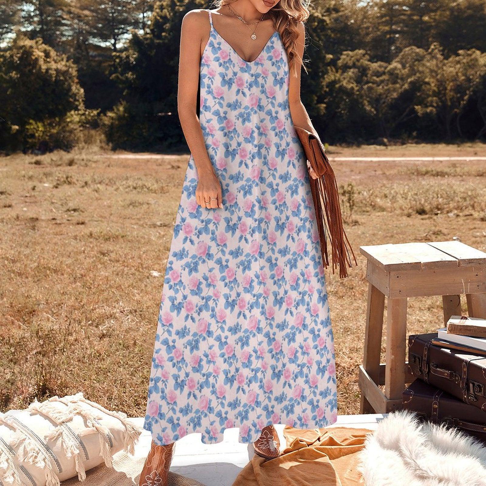 Blue Watercolor Floral Maxi Dress, Pink Rose Print Sundress, V Neck Spaghetti Straps