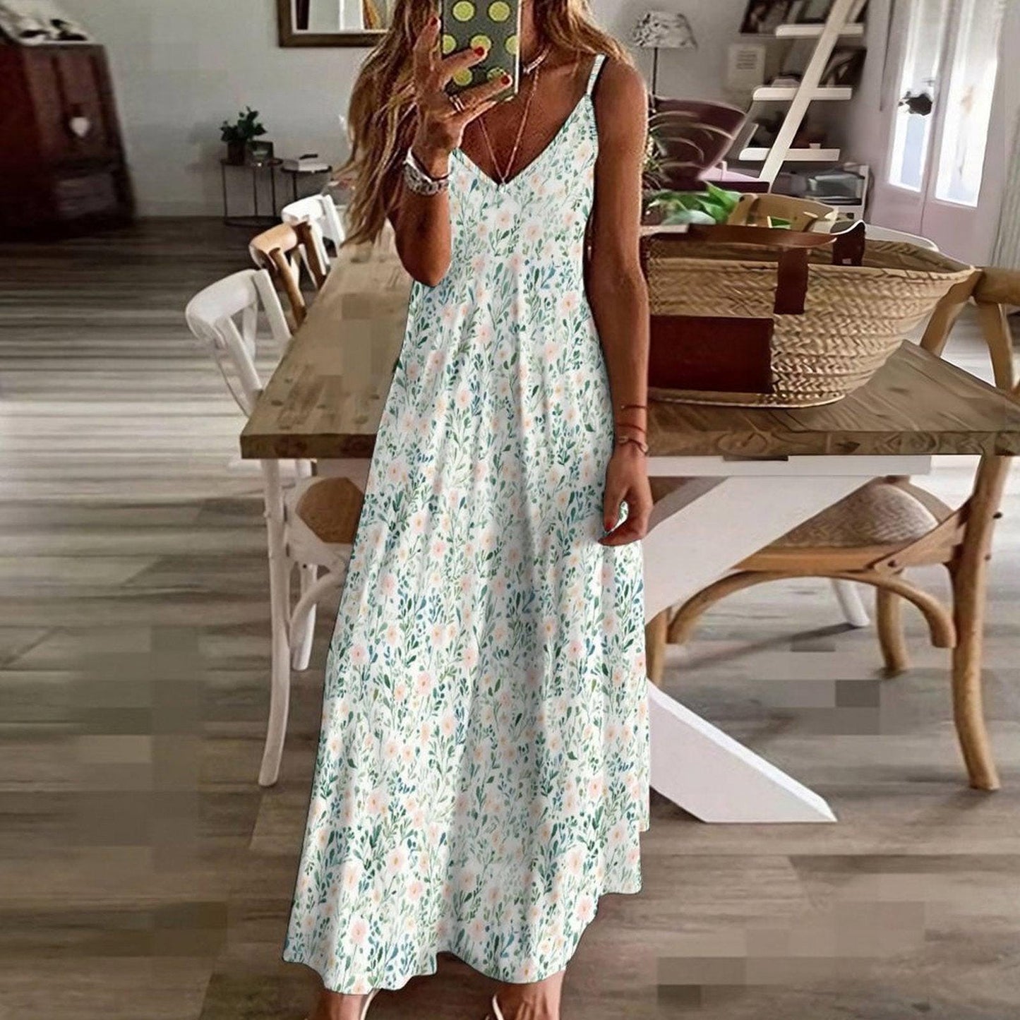 Sage Green Watercolor Floral Maxi Dress, Coastal Grandmother Summer Sundress