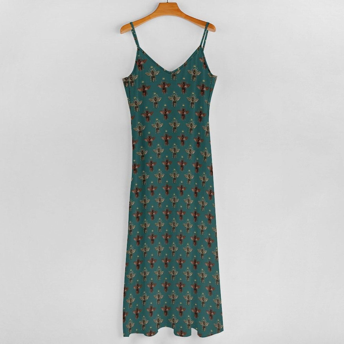 Teal Green Bee Print Maxi Dress, Vintage Honeybee Cottagecore Sundress