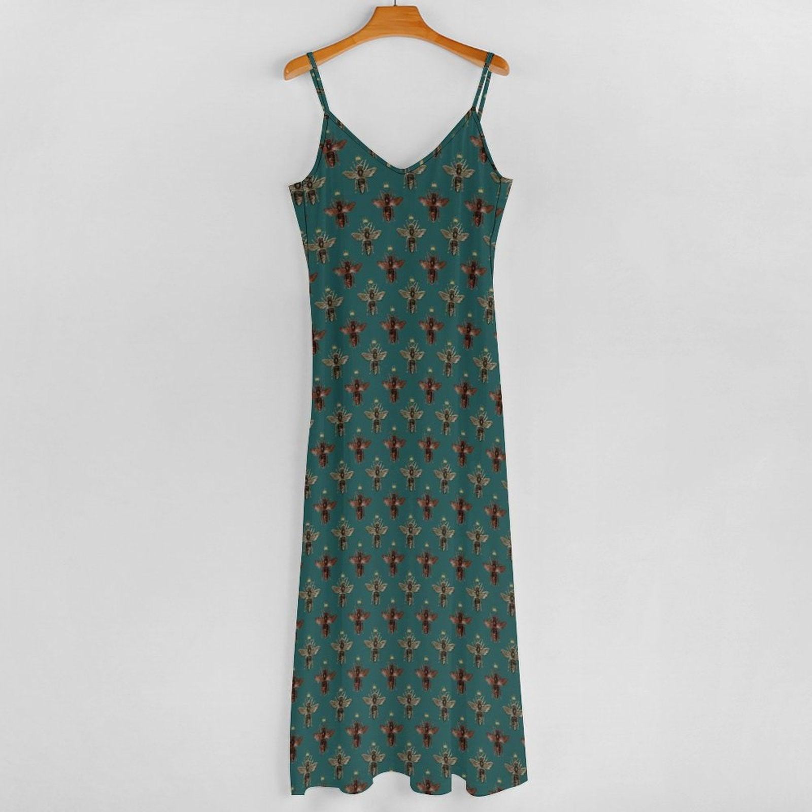 Teal Green Bee Print Maxi Dress, Vintage Honeybee Cottagecore Sundress