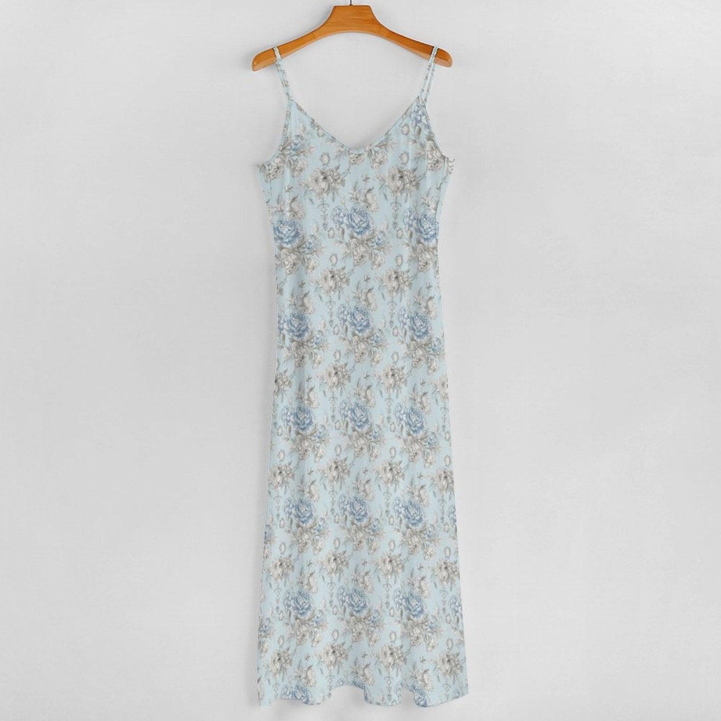 Powder Blue Floral Maxi Slip Dress, Cottagecore Spaghetti Strap Sundress