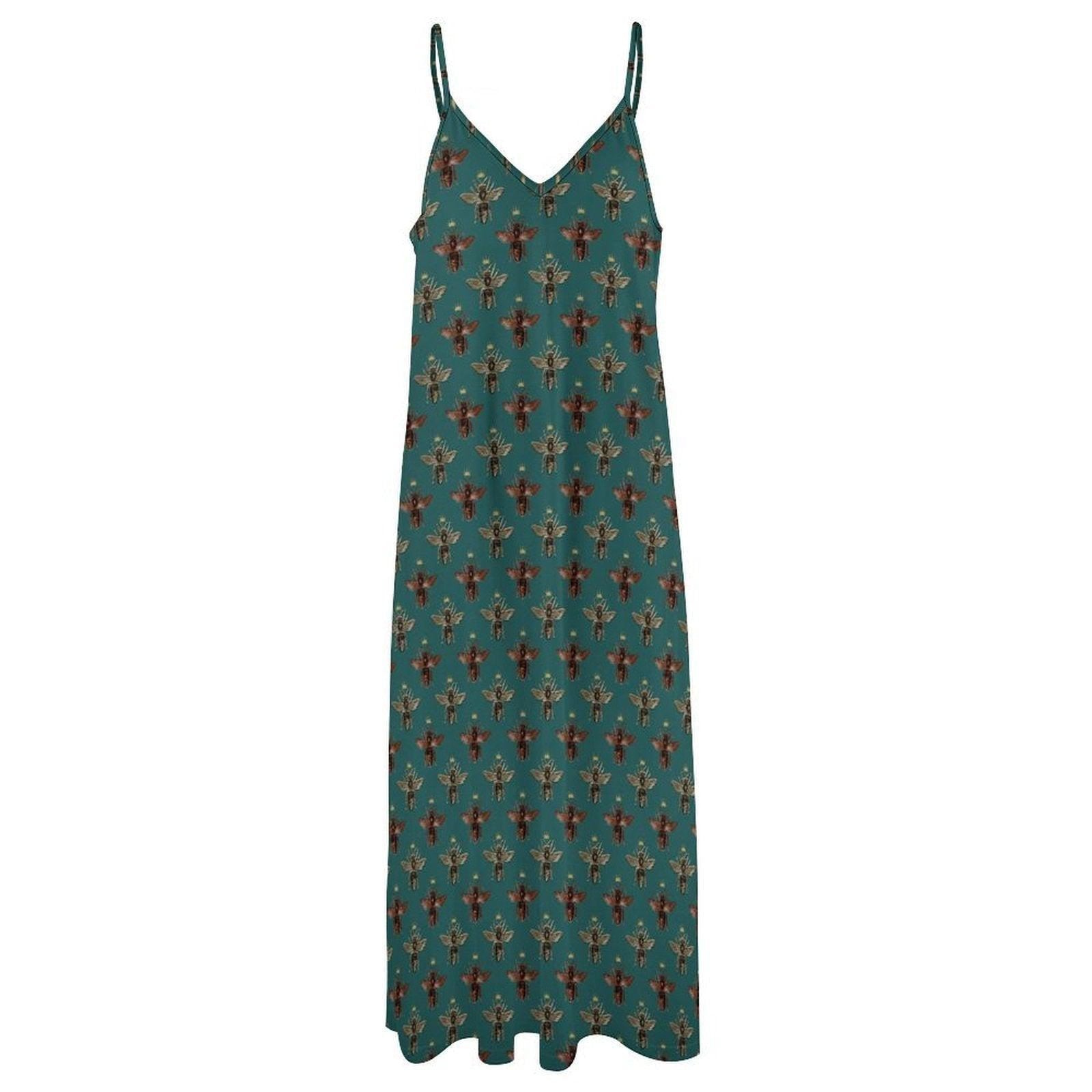 Teal Green Bee Print Maxi Dress, Vintage Honeybee Cottagecore Sundress