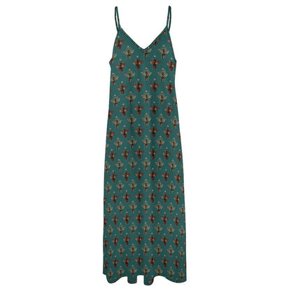 Teal Green Bee Print Maxi Dress, Vintage Honeybee Cottagecore Sundress
