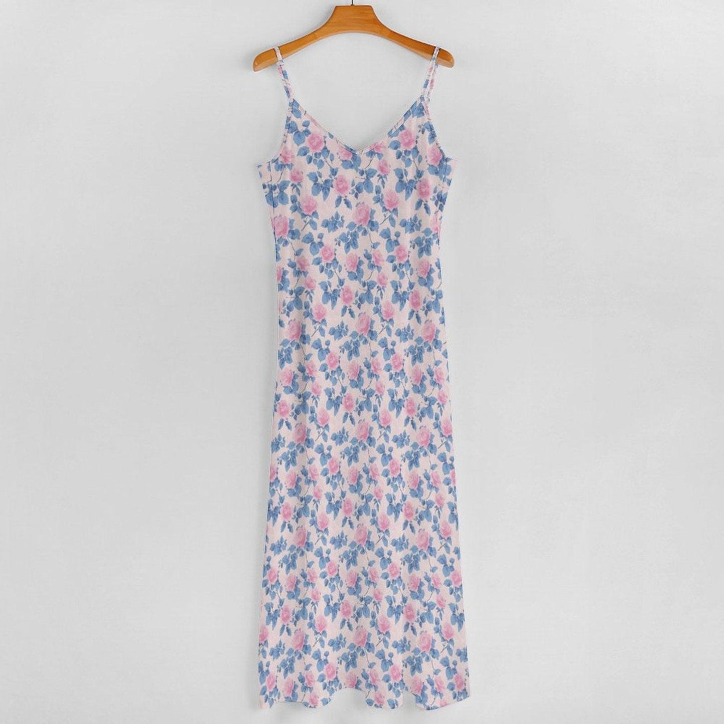 Blue Watercolor Floral Maxi Dress, Pink Rose Print Sundress, V Neck Spaghetti Straps