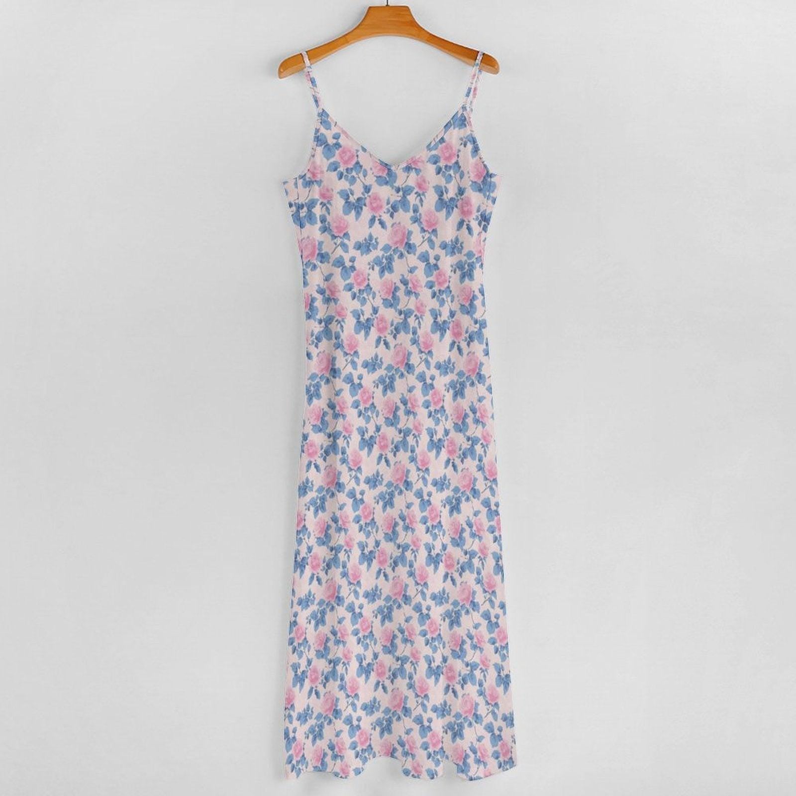 Blue Watercolor Floral Maxi Dress, Pink Rose Print Sundress, V Neck Spaghetti Straps