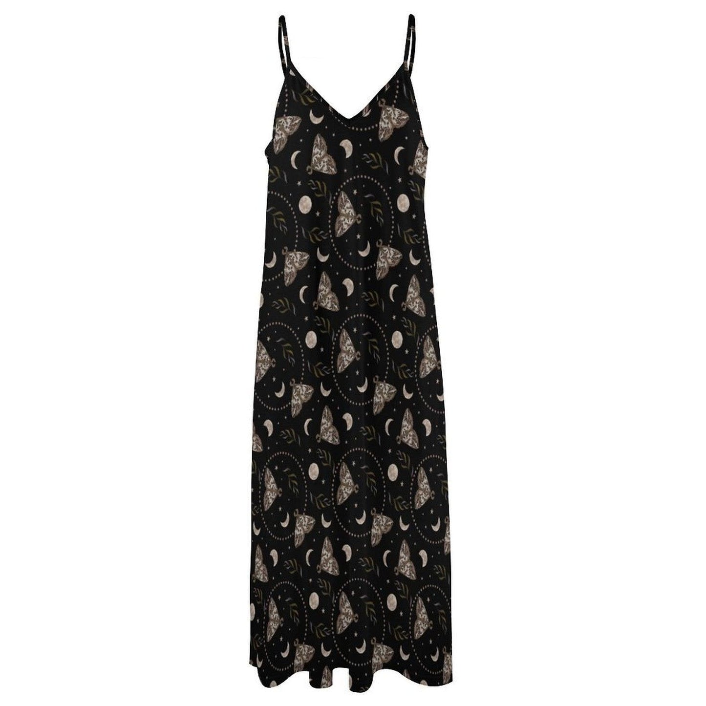 Black Moth and Moon Phase Print Maxi Dress with Spaghetti Straps