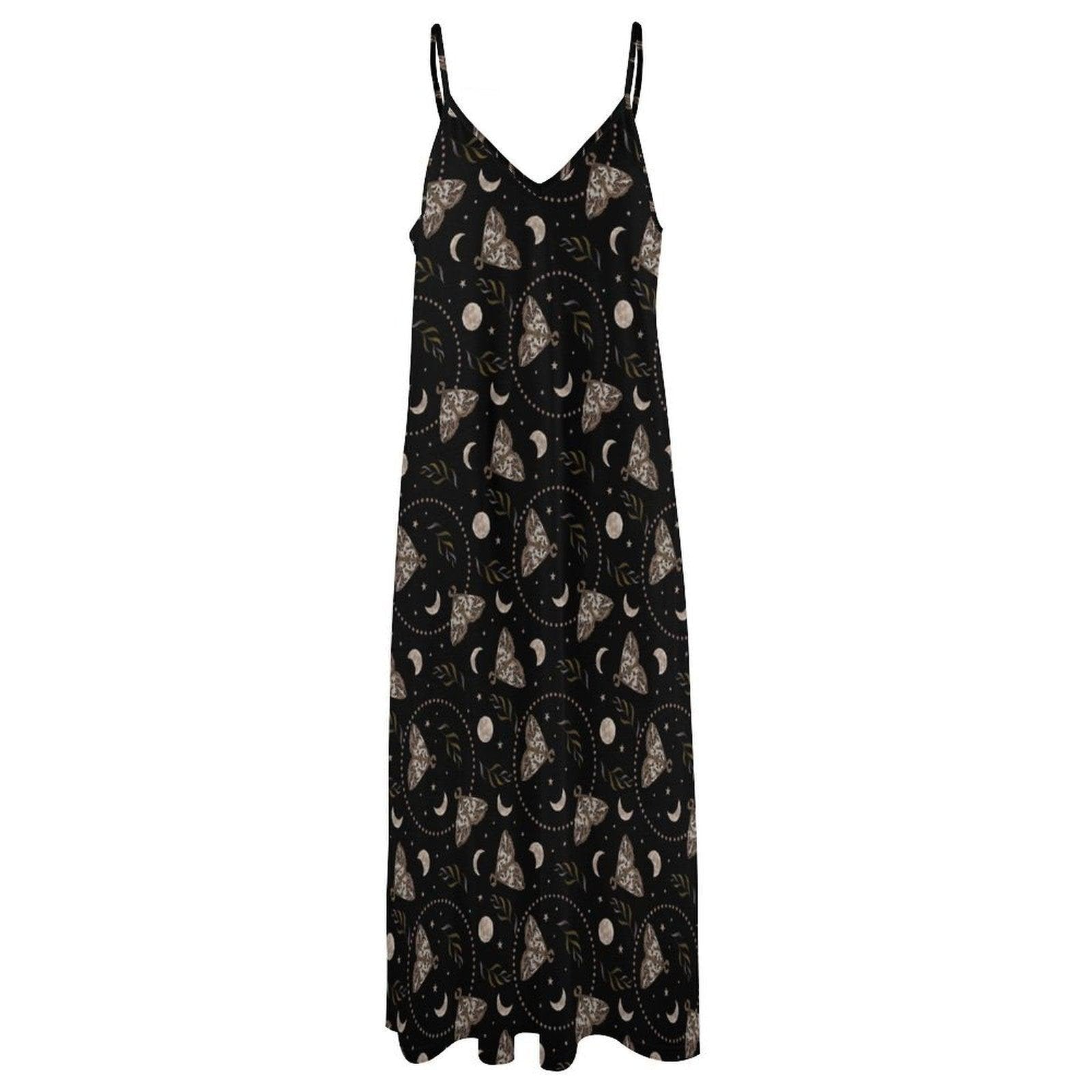 Black Moth and Moon Phase Print Maxi Dress with Spaghetti Straps