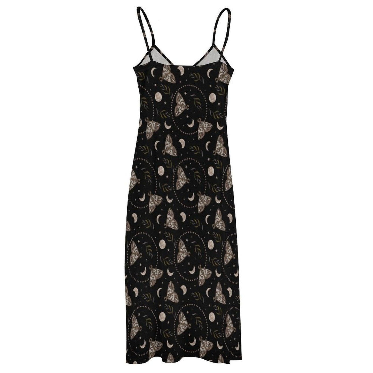 Black Moth and Moon Phase Print Maxi Dress with Spaghetti Straps