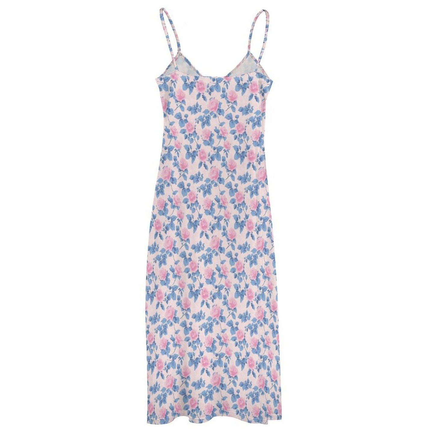 Blue Watercolor Floral Maxi Dress, Pink Rose Print Sundress, V Neck Spaghetti Straps