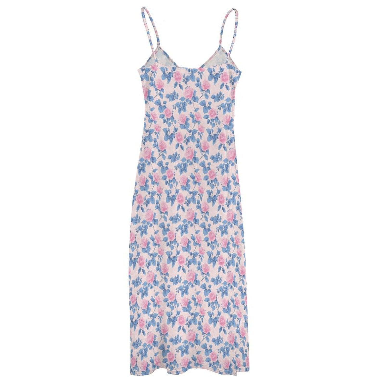 Blue Watercolor Floral Maxi Dress, Pink Rose Print Sundress, V Neck Spaghetti Straps