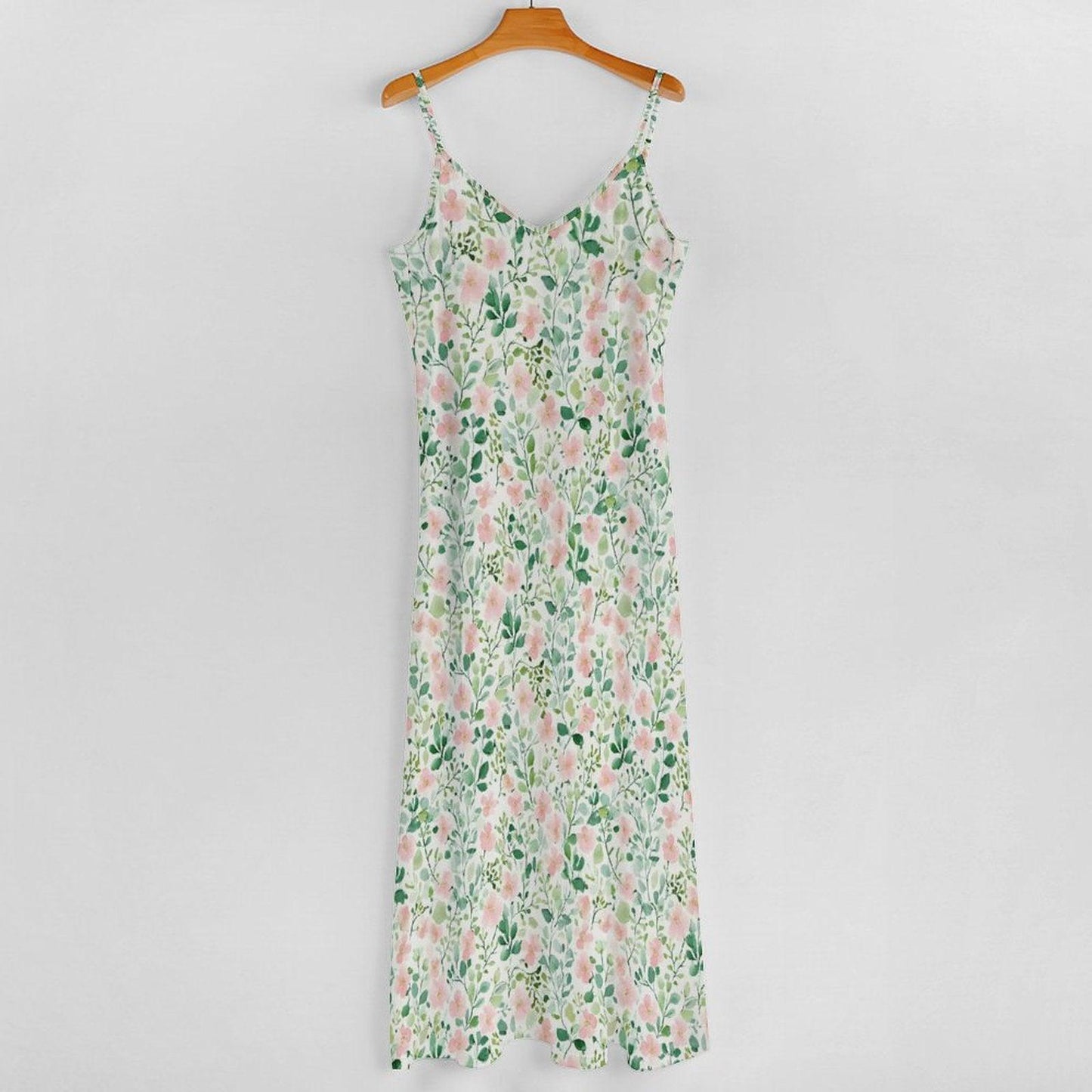 Watercolor Floral Maxi Dress, Sage Green, Pink Blooms, Cottagecore Slip Sundress