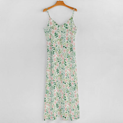 Watercolor Floral Maxi Dress, Sage Green, Pink Blooms, Cottagecore Slip Sundress