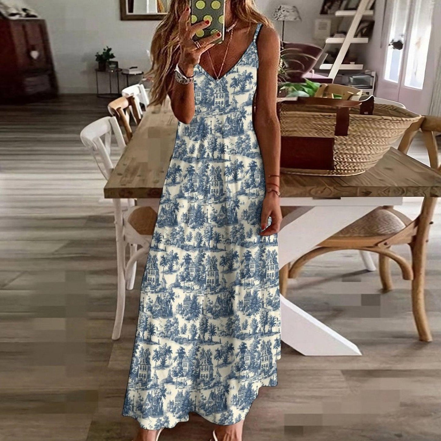 Blue Toile Maxi Dress, French Country Cottage Print Slip Sundress