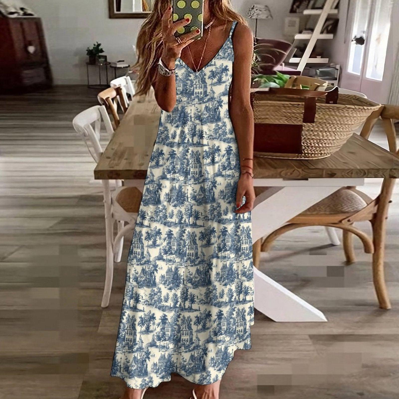 Blue Toile Maxi Dress, French Country Cottage Print Slip Sundress