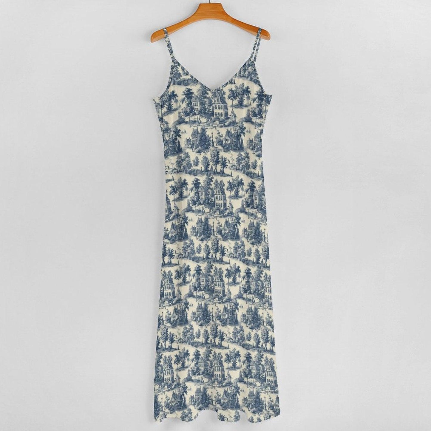 Blue Toile Maxi Dress, French Country Cottage Print Slip Sundress