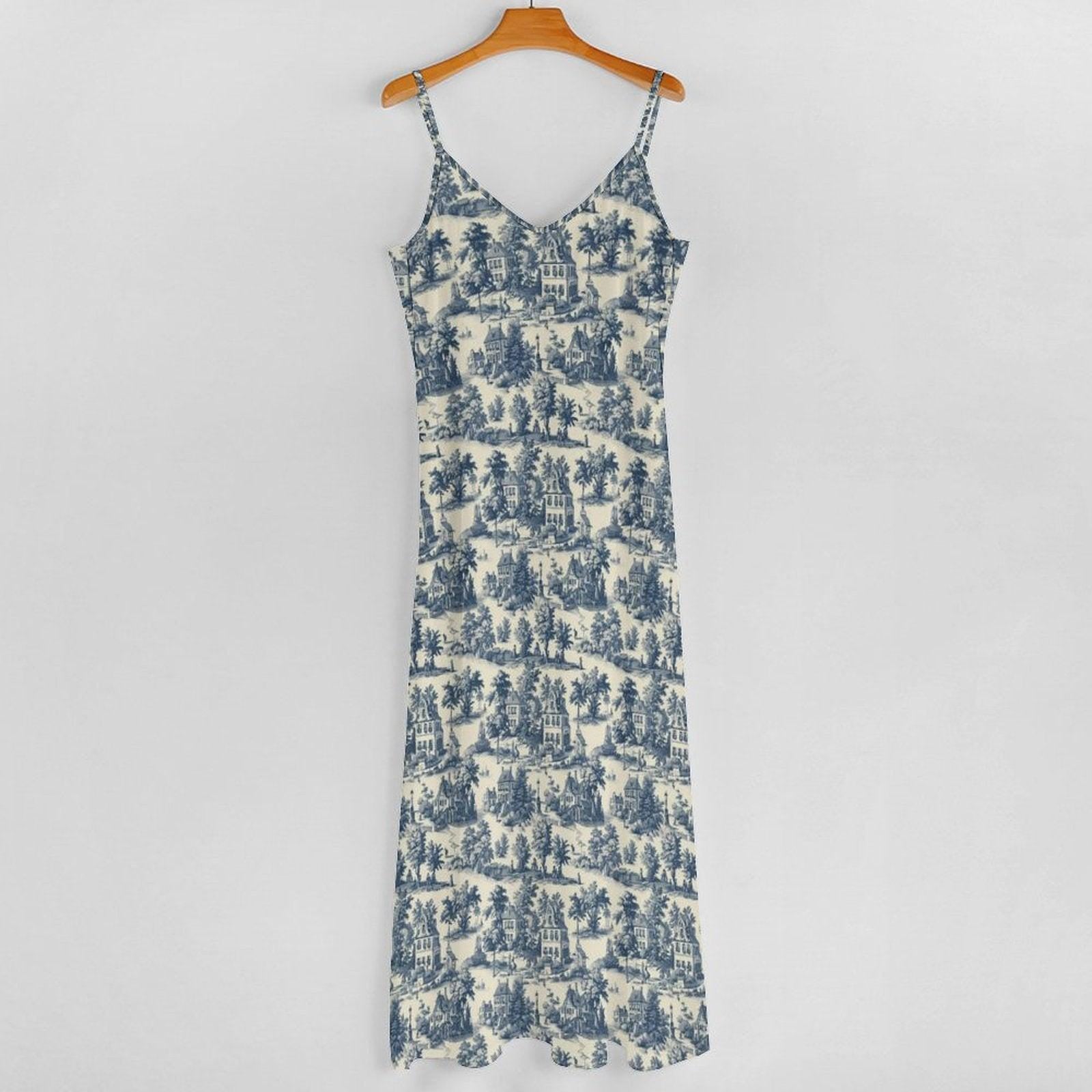 Blue Toile Maxi Dress, French Country Cottage Print Slip Sundress