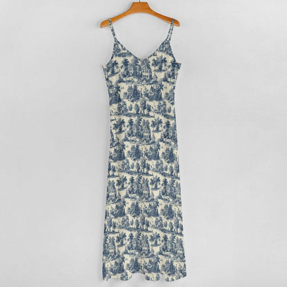 Blue Toile Maxi Dress, French Country Cottage Print Slip Sundress