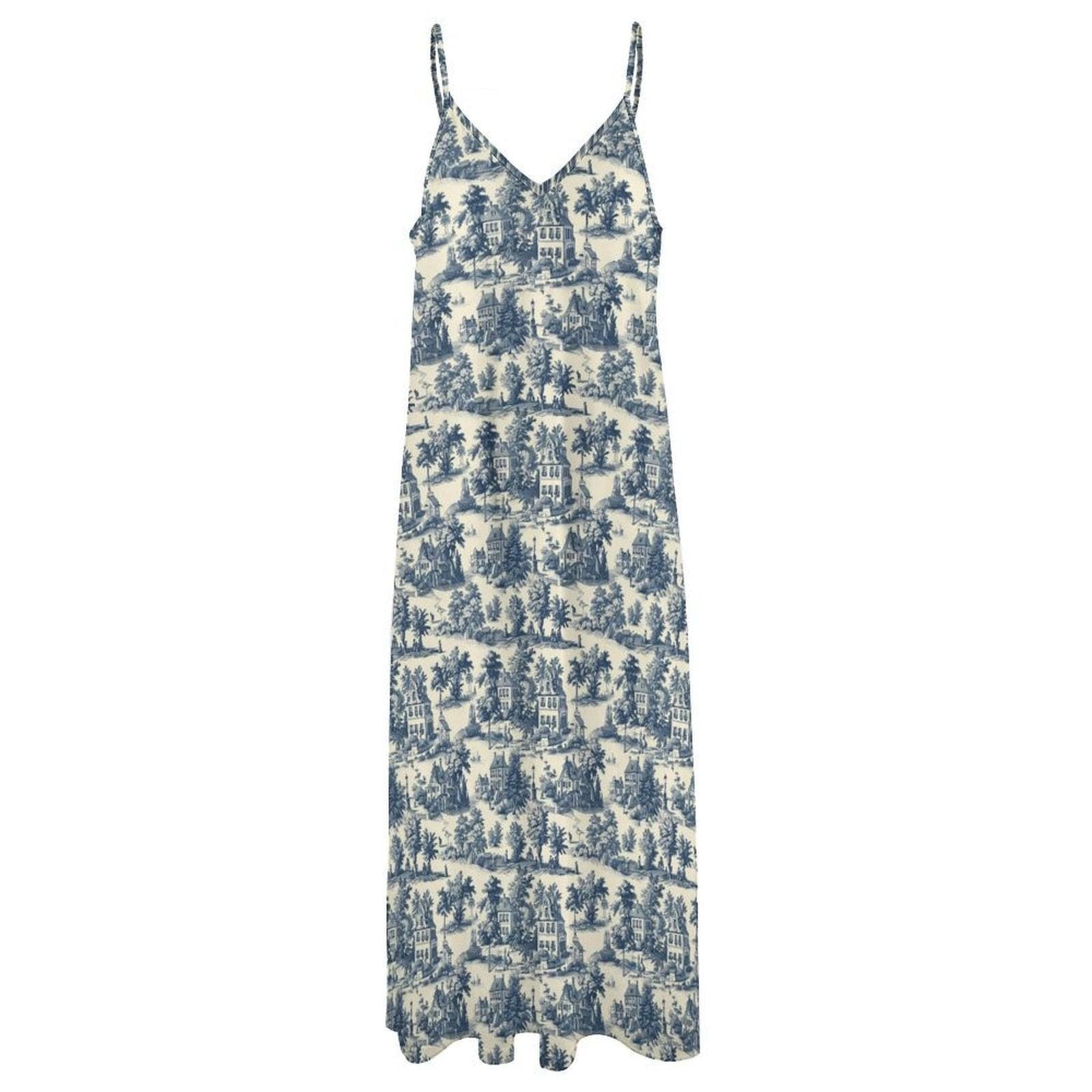 Blue Toile Maxi Dress, French Country Cottage Print Slip Sundress